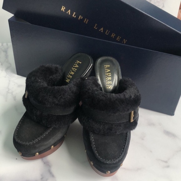 Lauren Ralph Lauren Black Suede And Natural Shearling Clogs Studded Platform 6 - Picture 1 of 13